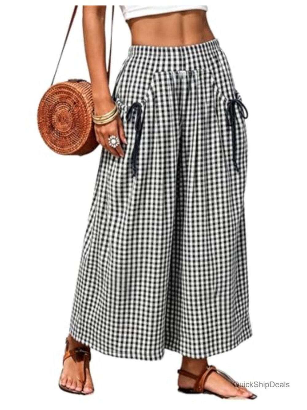 Gingham Wide Leg Pants Elastic Waist Palazzo Trousers Summer Casual Pockets